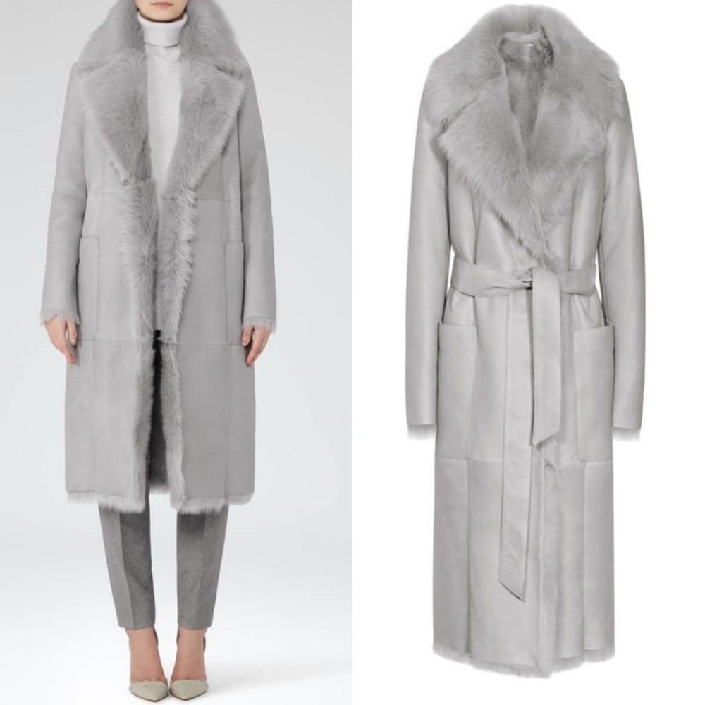 REISS Lonine Shearling Coat in Grey